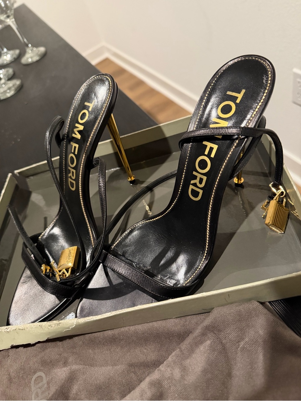 Tom Ford Black Leather Stiletto Sandals with Gold Hardware